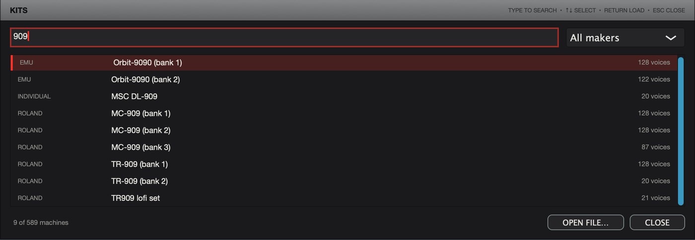 Kit browser searching the library — type a model number and load on the next keystroke