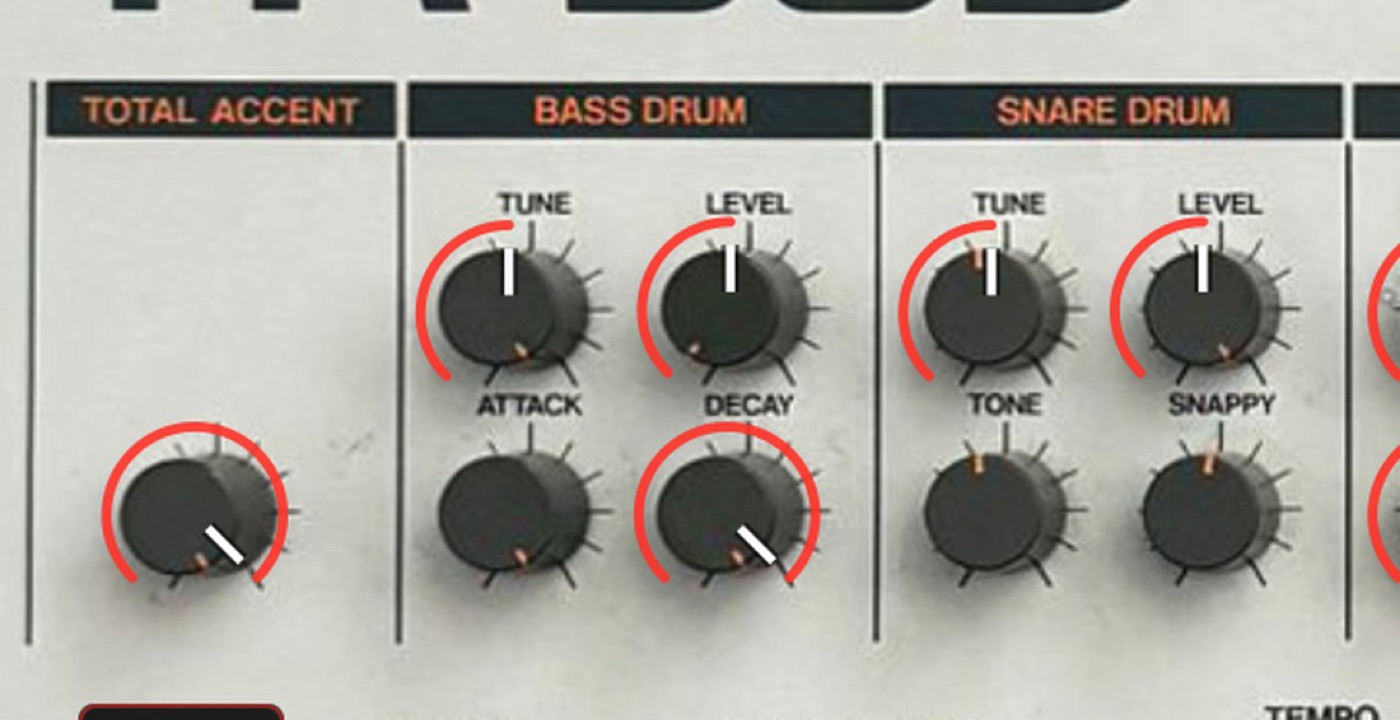 Live knobs over a photographed panel — Tune, Level, Decay move; baked circuit knobs stay still