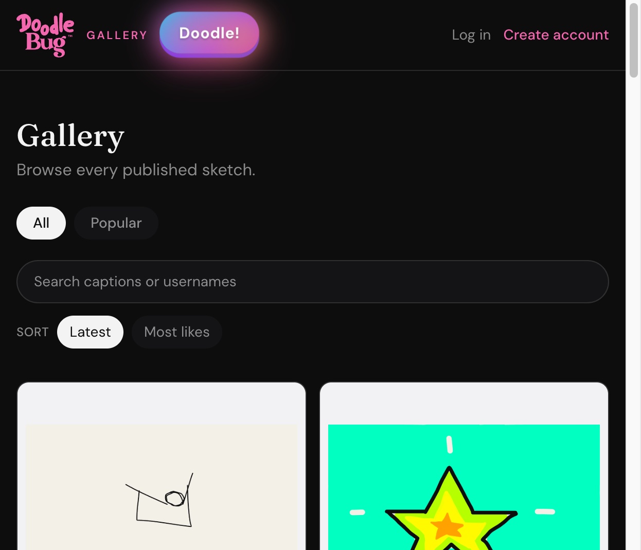 DoodleBug gallery — All / Popular filters, search, Latest / Most likes sort, doodle cards