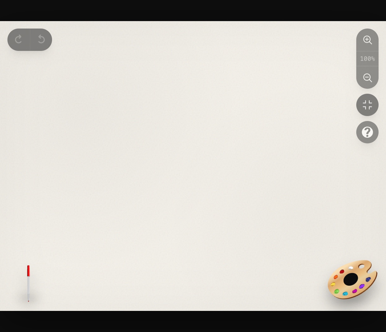 DoodleBug sketchpad — paper canvas, marker tool tip, palette, zoom, and Get Doodling guide