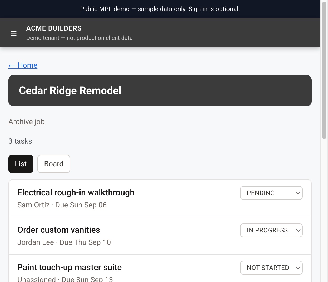 MPL public demo — job detail with task list, assignees, due dates, and status (sample data)