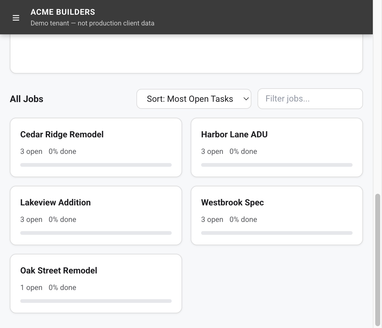 MPL public demo — All Jobs grid across concurrent sample jobsites