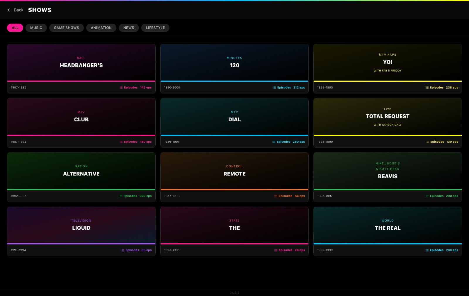 Shows browser — filterable grid of MTV shows with era ranges, episode counts, and category filters