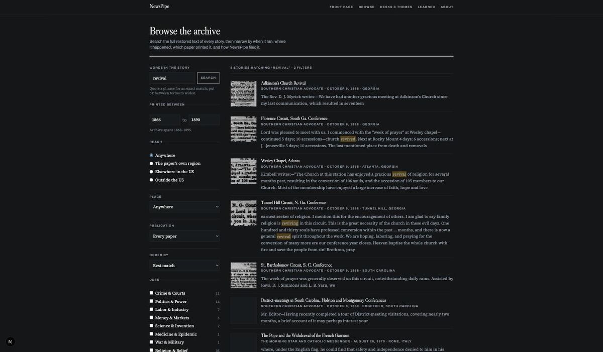 Browse the archive with full-text search, date filters, desks, and highlighted matches