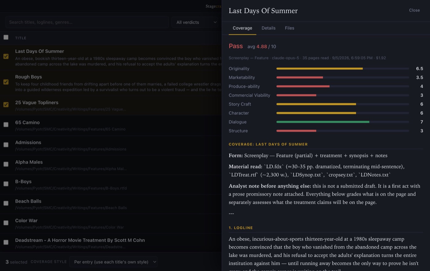 Coverage report with scored axes, industry-scale verdict, and notes anchored to specific pages