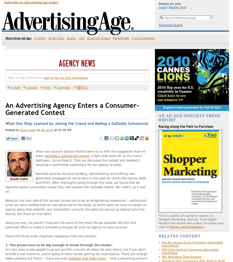 Ad Age article page for An Advertising Agency Enters a Consumer-Generated Contest