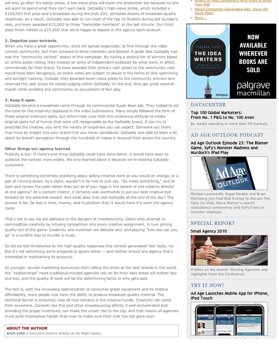 Second page of the Ad Age GoDaddy contest article with takeaways and About the Author