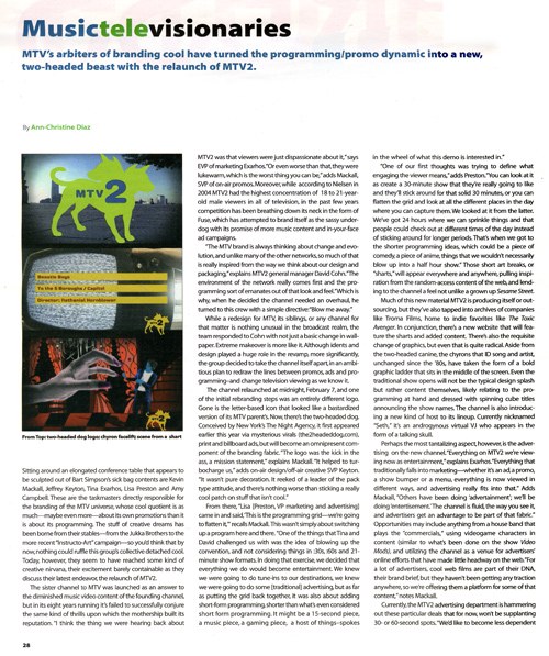 Creativity magazine tear sheet Musictelevisionaries covering MTV2’s two-headed dog relaunch