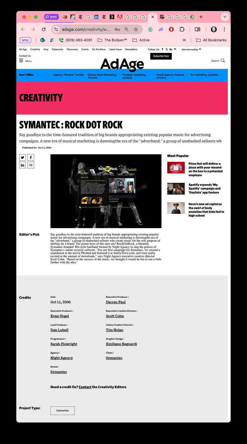 Full Ad Age Creativity tear sheet for Symantec Rock Dot Rock with Editor's Pick and credits