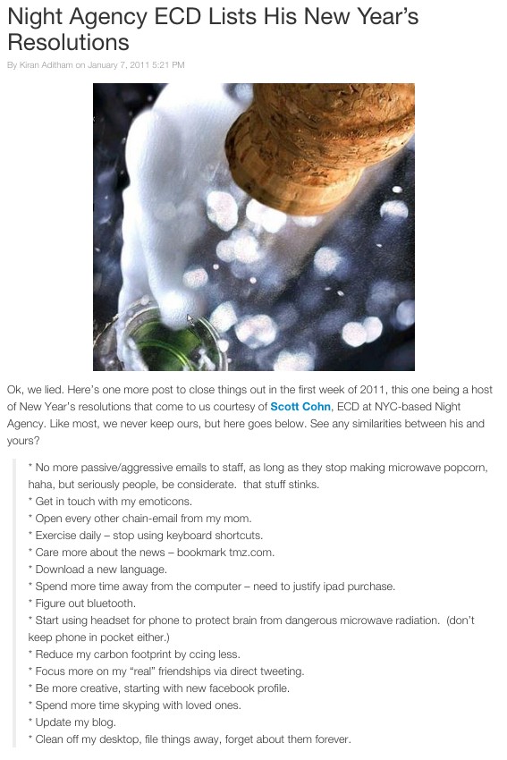AgencySpy article tear sheet showing the champagne header and full list of resolutions