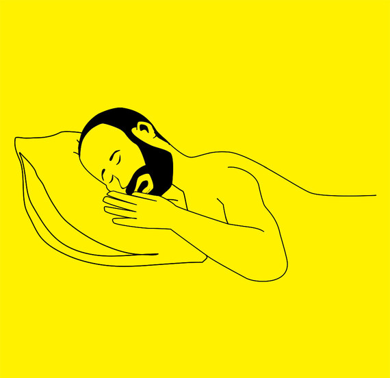 Illustration — bearded dad asleep on a pillow, black line art on yellow
