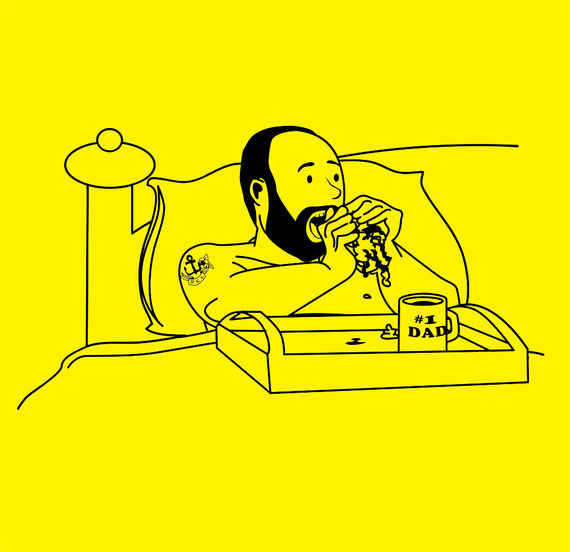 Illustration of a bearded dad eating a messy breakfast burrito in bed with a #1 DAD mug