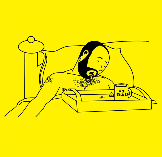 Illustration of a bearded dad asleep after breakfast, #1 DAD mug still on the tray