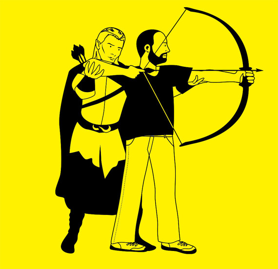 Illustration of a Legolas-style elf coaching a bearded dad drawing a bow
