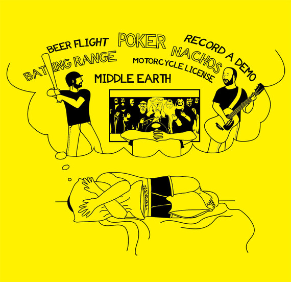 Illustration of a dad under a pillow with a thought bubble of free-time wishes — beer flight, batting range, Middle Earth