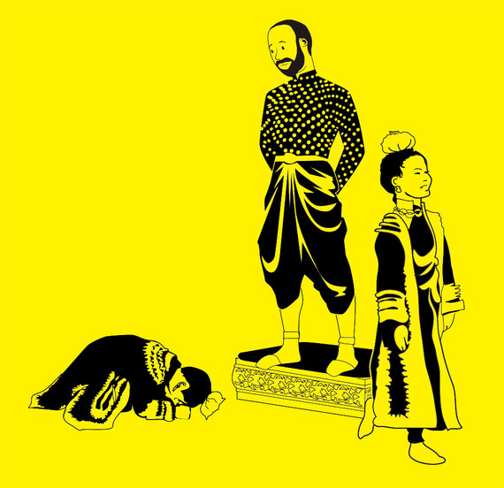 Illustration of a dad on a platform being greeted like royalty, King and I style