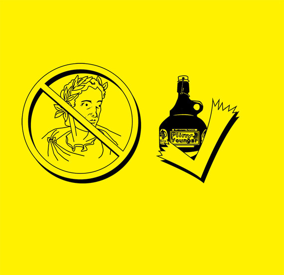 Illustration: crossed-out Roman emperor versus a checked Russian River Pliny the Younger growler
