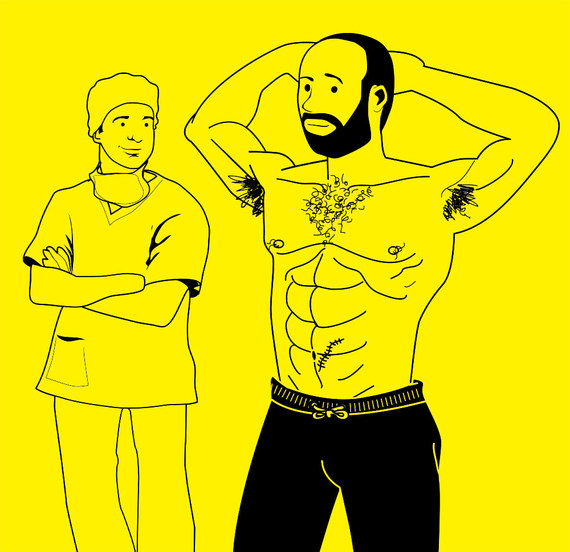 Illustration of a muscular dad flexing after surgery while a scrubbed surgeon looks on