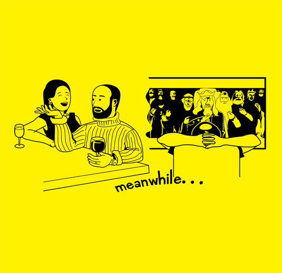Illustration of a charming doppelgänger on a double date while the real dad watches fantasy on TV