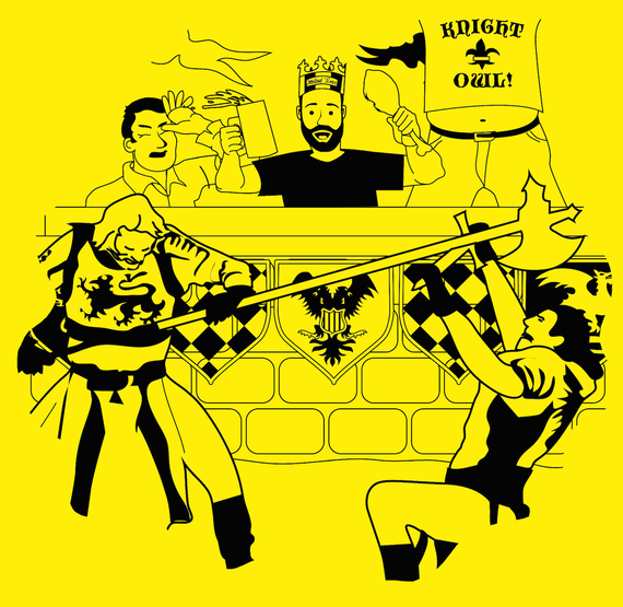 Illustration of Medieval Times jousting while a dad in a paper crown raises a beer and a turkey leg