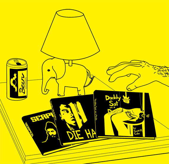 Illustration of a nightstand with adult bedtime reading — Serpico, Die Hard, and Daddy Sat on a Duck