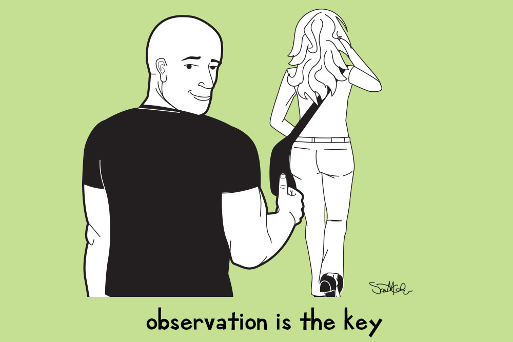 Illustration: observation is the key — a man glances toward a woman walking away