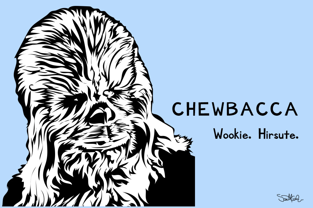 Illustration — Chewbacca-adjacent grooming, black line art on blue