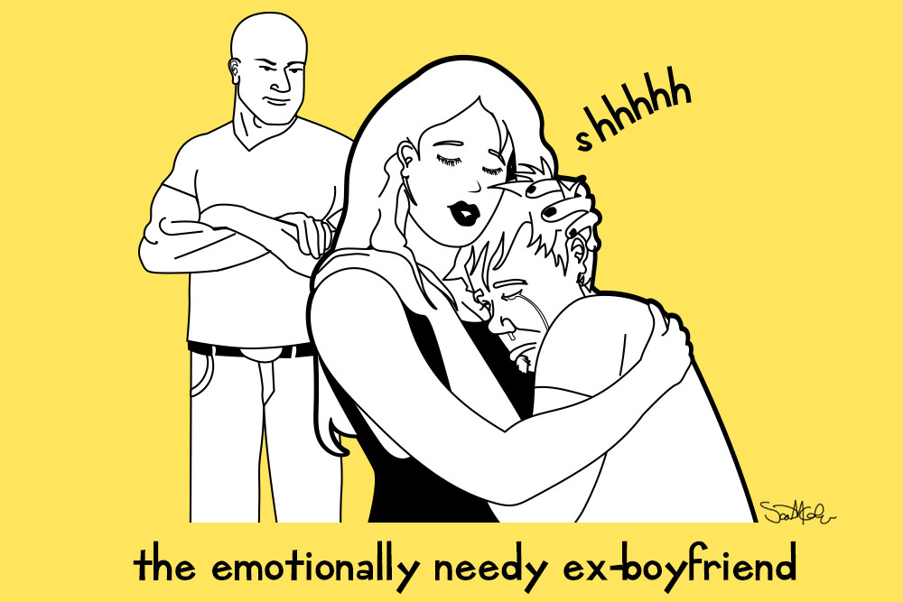Illustration — the emotionally needy ex-boyfriend, black line art on yellow