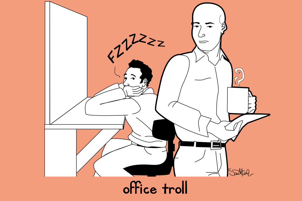 Illustration: office troll — a man buzzes at his desk while a bald coworker holds coffee and papers
